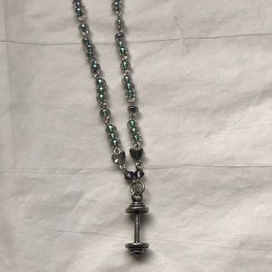 Silver dumbbell & iridescent crystals necklace